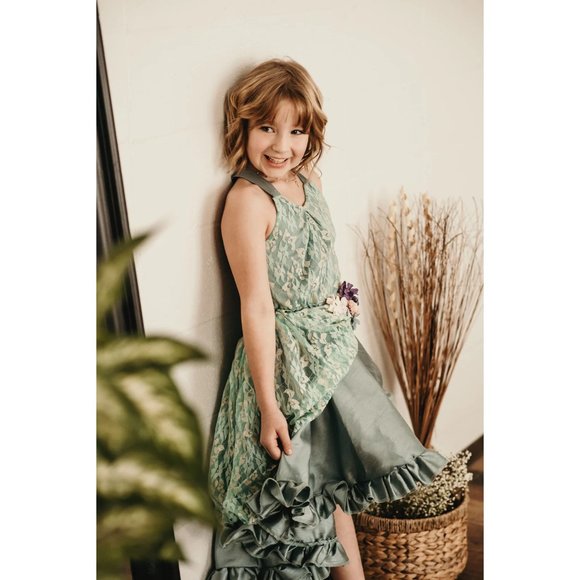 Girls Vintage Green Teal high-low Grow flower girl princess style dress new - Picture 1 of 11